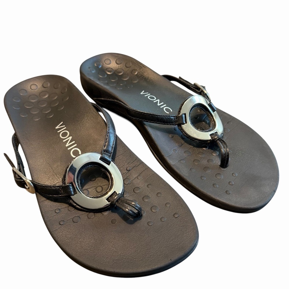 Vionic Black Leather Thong Sandals with Silver Accent